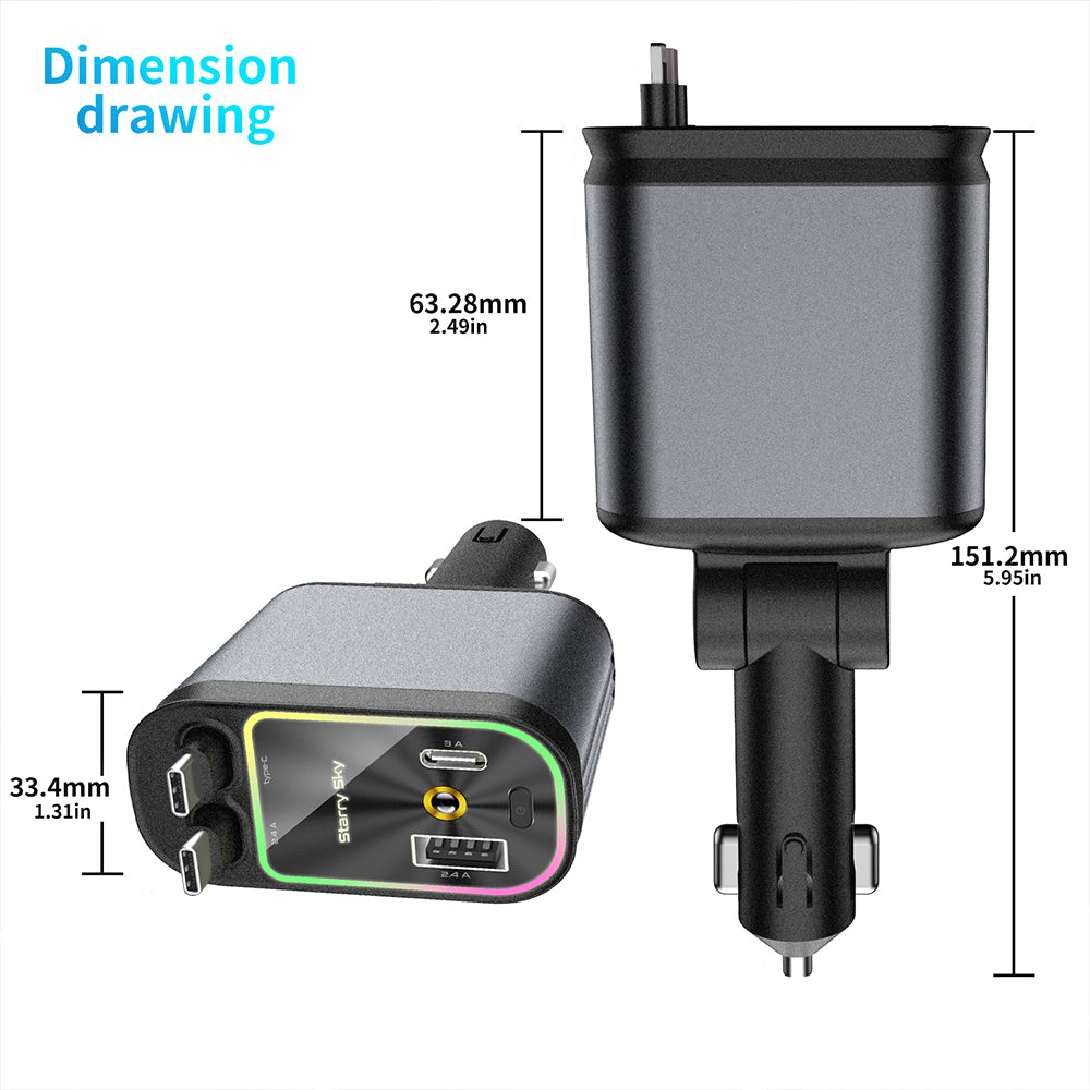 Fast Charging Car Phone Station Charger 4 in 1 Retractable Car Charger With Ambient Star Light 2 Cables Type C Quick Adapter