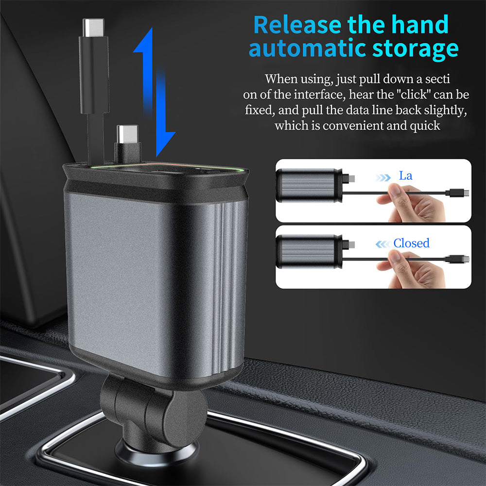 Fast Charging Car Phone Station Charger 4 in 1 Retractable Car Charger With Ambient Star Light 2 Cables Type C Quick Adapter