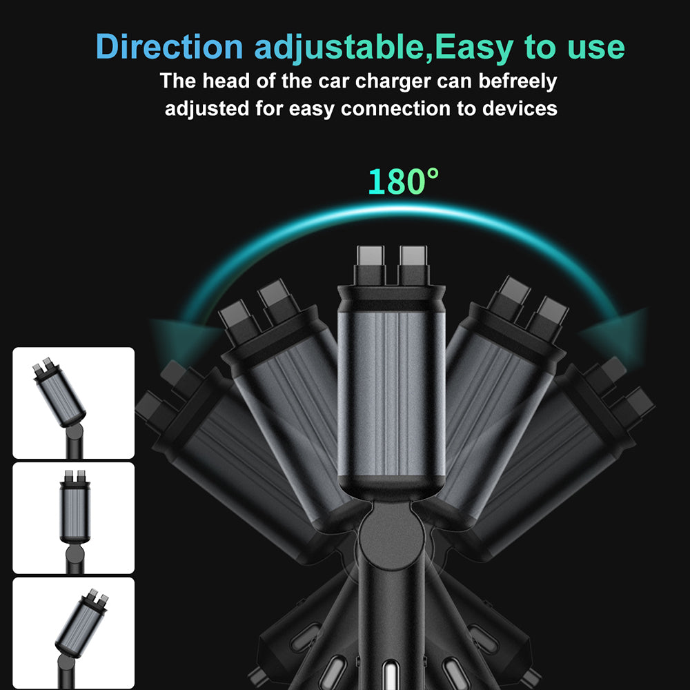 Fast Charging Car Phone Station Charger 4 in 1 Retractable Car Charger With Ambient Star Light 2 Cables Type C Quick Adapter