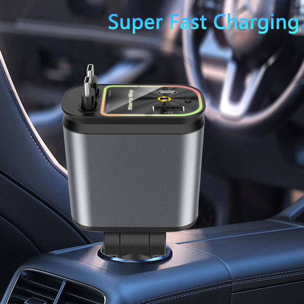 Fast Charging Car Phone Station Charger 4 in 1 Retractable Car Charger With Ambient Star Light 2 Cables Type C Quick Adapter