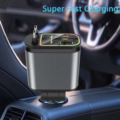 Fast Charging Car Phone Station Charger 4 in 1 Retractable Car Charger With Ambient Star Light 2 Cables Type C Quick Adapter