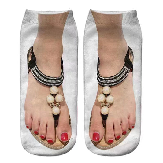 High-Quality Cotton Cloth Flip-Flop 3D Printed Novelty Funny Women's Low-Cut Ankle Socks